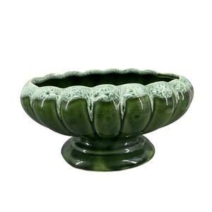 UPCO 908 USA Oval Scalloped Green White Drip Pedestal Bowl Planter Vase